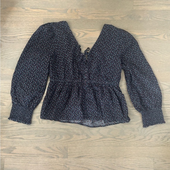 Madewell Blue Tie-Back Peplum Top in Campden Daisies size medium 100% cotton - Picture 7 of 9